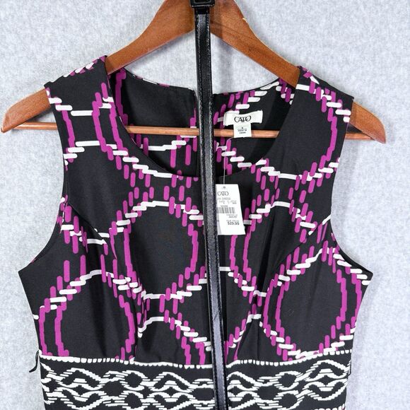 Cato Dress Womens Sz 8 Black Pink White Pockets Sleeveless Abstract Print Belt - Picture 3 of 16